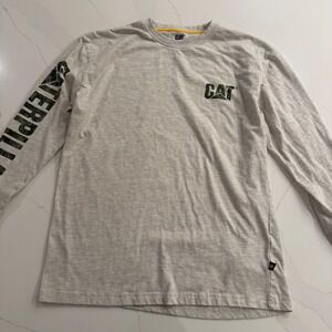 CAT Caterpillar Mens Long Sleeve Graphic Tee Heather Grey Camo Logo Size M
